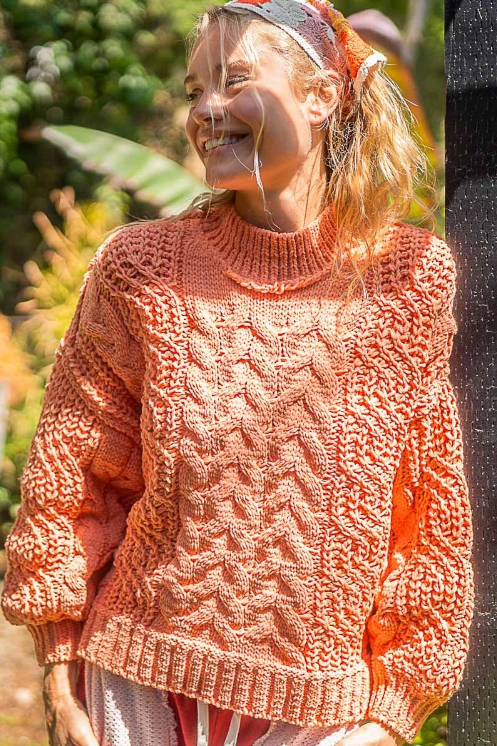 POL Coral Tangerine Mock Neck Cable Knit Sweater