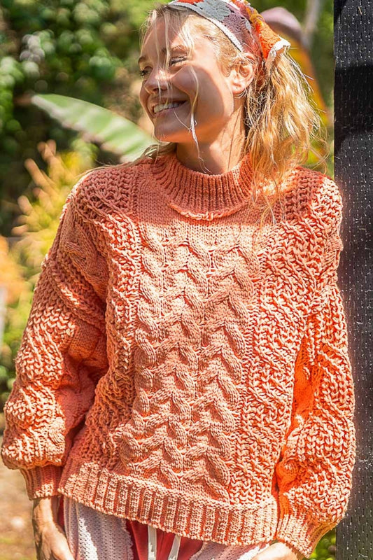 POL Coral Tangerine Mock Neck Cable Knit Sweater