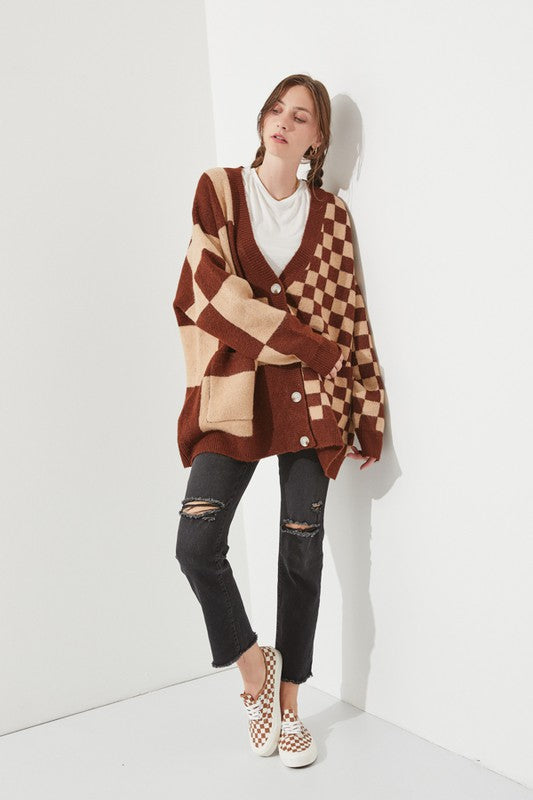 JADE by JANE Mocha/Beige Checkered Oversized Sweater