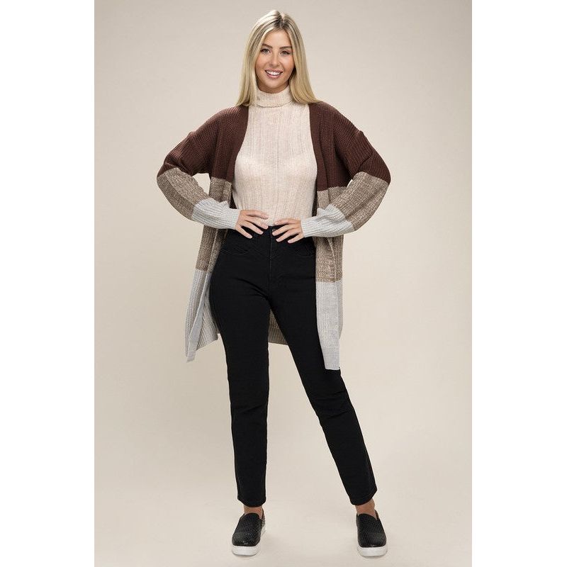 NUVI APPAREL Color Block Open Front  Cardigan