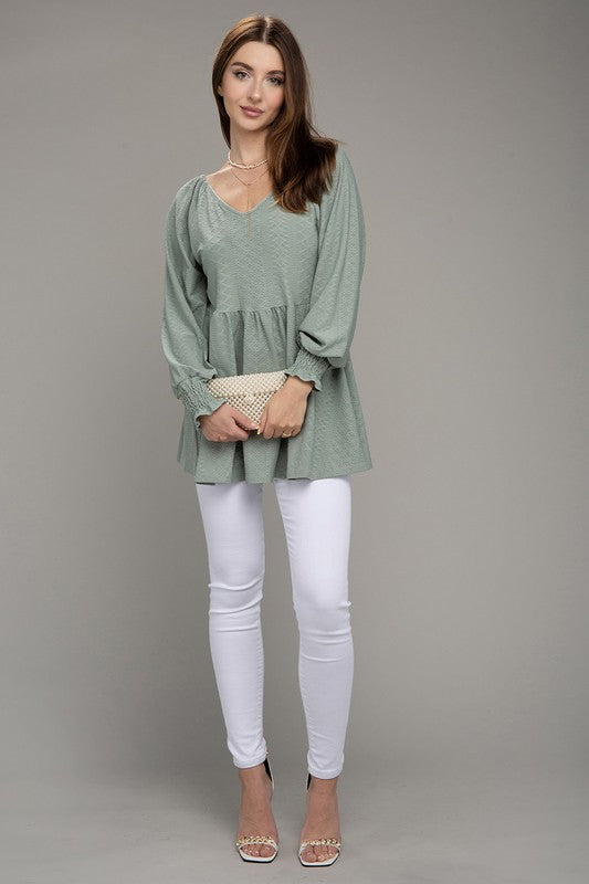 NUVI APPAREL V Neck Solid Ruffle Hem Top