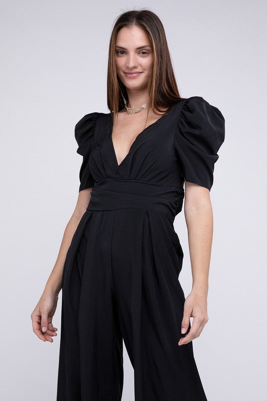 NUVI APPAREL Black V Neck Puff Sleeves Jumpsuit