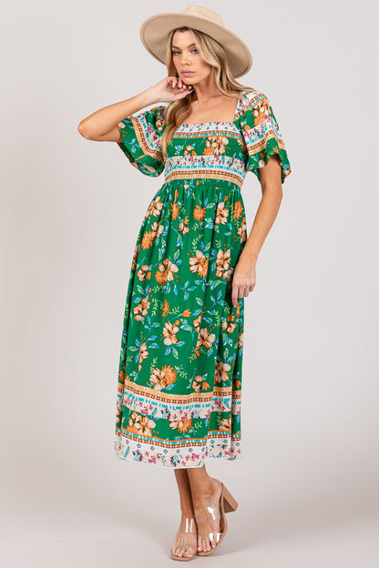 SAGE + FIG Boho Printed Smocked Short Sleeve Midi Dress