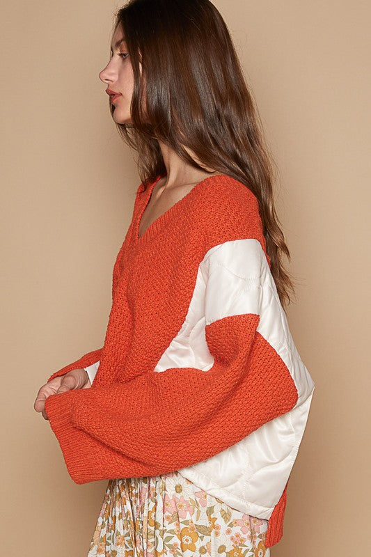 POL Women's Orange Cable Knit Quilting Patch V-Neck Contrast Sweater