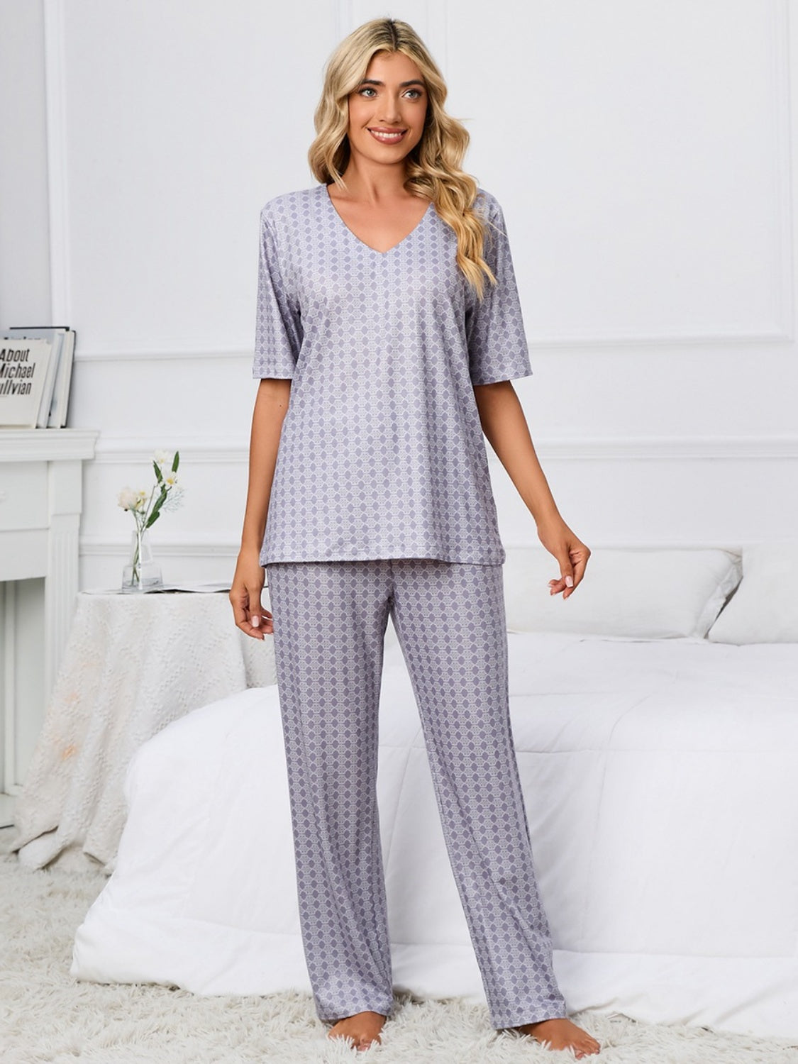 X.Y.M. Printed V-Neck Top and Pants Pajamas Set