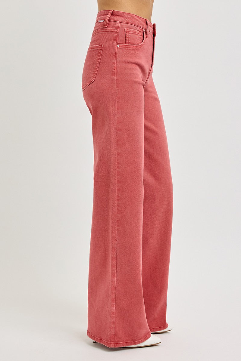 RISEN Full Size High Rise Tummy Control Wide Leg Jeans in Red Brick color