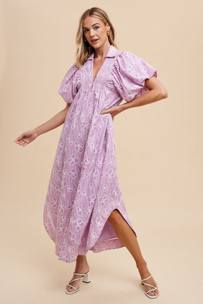 Annie Wear Women's Light Purple Floral Smock Detail Puff Sleeve Dress