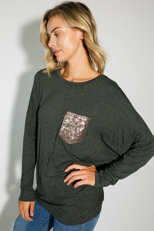 E LUNA Dolman Long Sleeves Top with Sequined Pocket