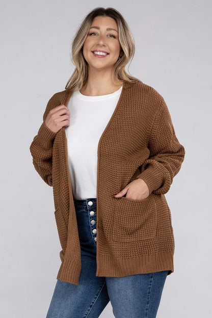 ZENANA Plus Low Gauge Waffle Open Cardigan Sweater