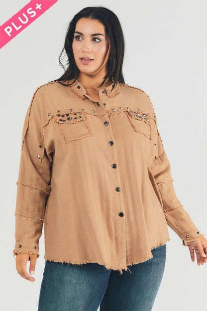 DAVI & DANI PLUS Distressed hem button down oversize shirt