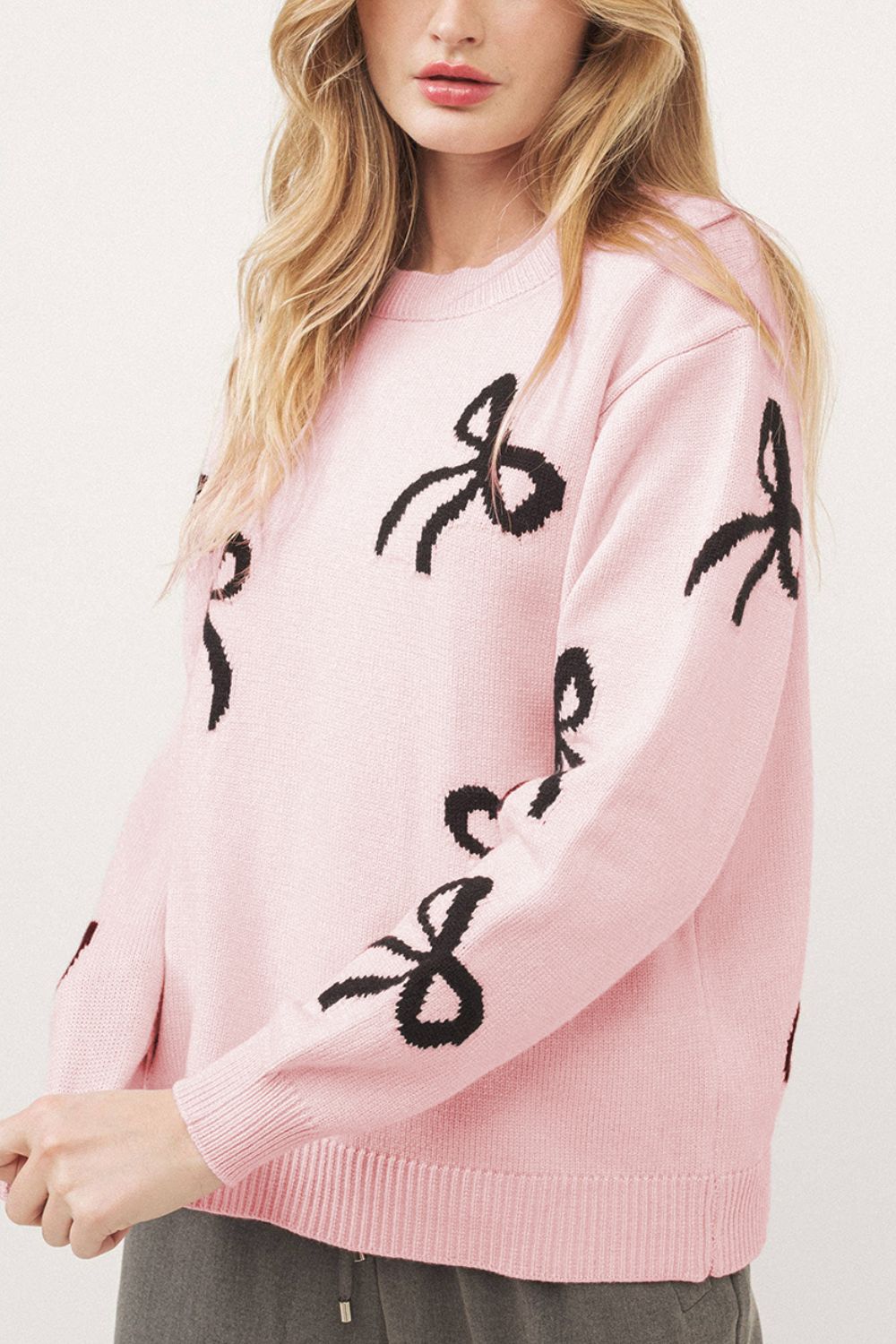 SYNZ Blush Pink Winter Sweater with Bow Pattern Bow