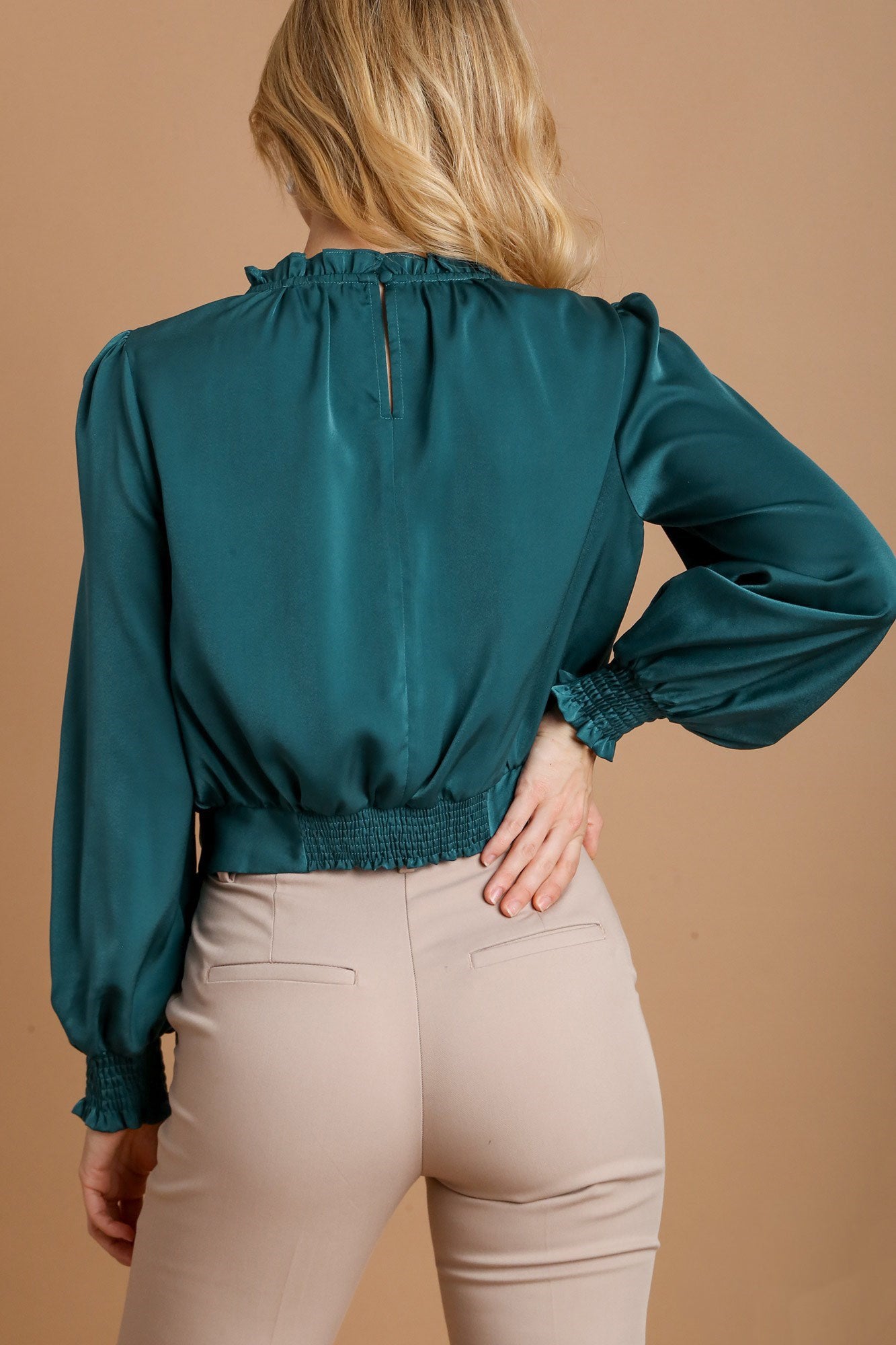 Umgee Women's Deep Teal Frill Tied Hem Long Sleeve Blouse