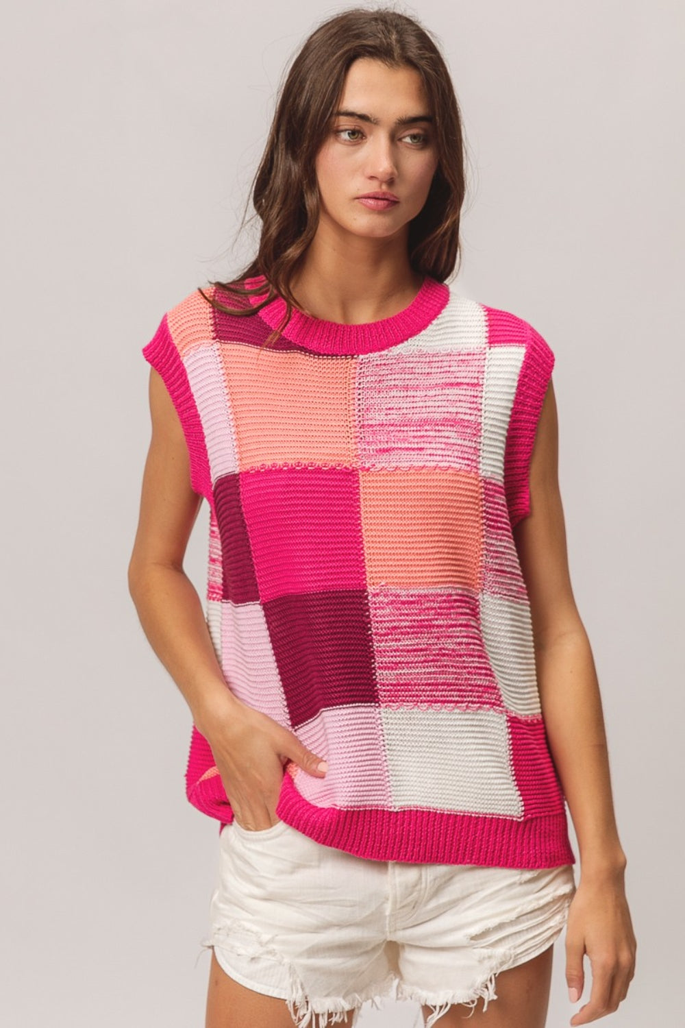 BiBi Fuchsia Color Block Round Neck Sweater Vest