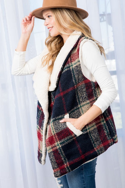 E LUNA Warm Sherpa Fur Plaid Vest