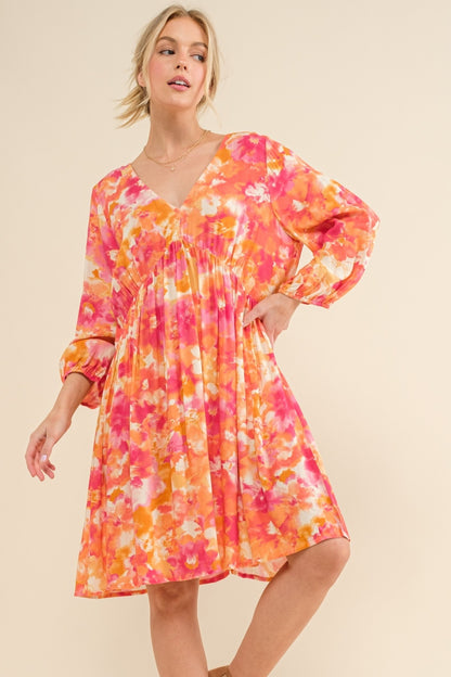 AND THE WHY Casual Full Size Orange Multi Floral Print V-neck Dress with Long Balloon Sleeves