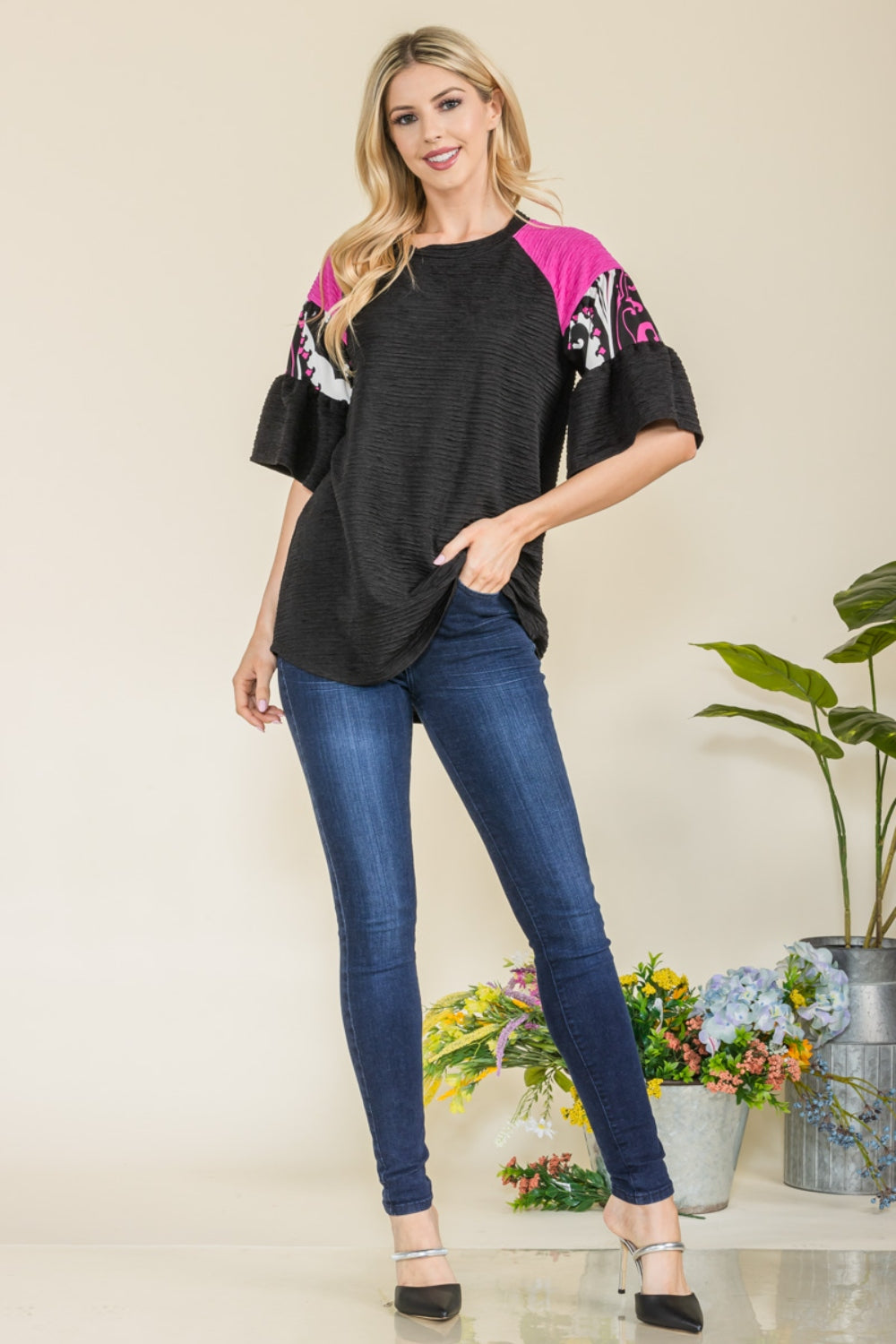 CELESTE Full Size Texture Printed Color Block Top