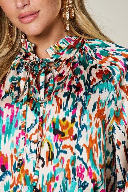 DOUBLE TAKE Full Size Printed Tied Neck Long Sleeve Blouse