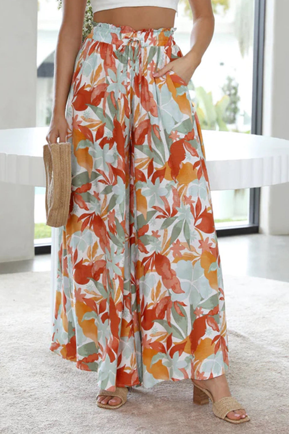 Pocketed Casual Printed Tied Wide Leg Pants