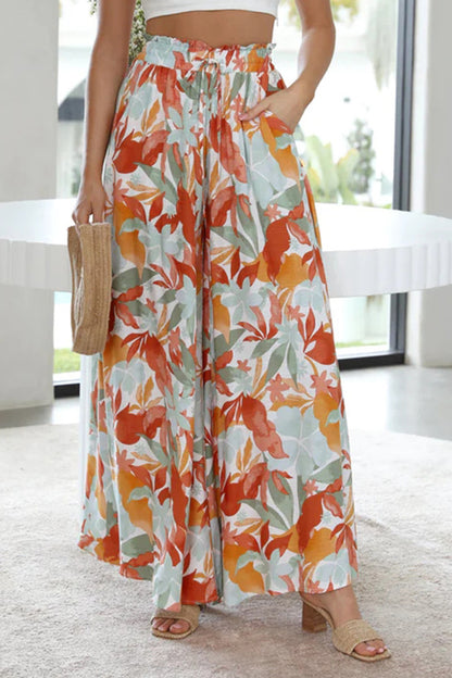 Pocketed Casual Printed Tied Wide Leg Pants