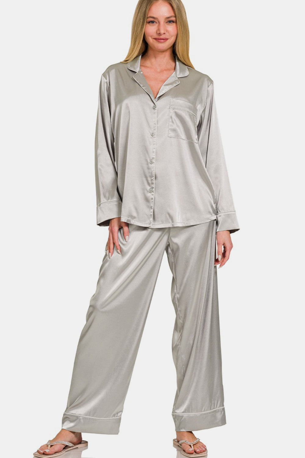 ZENANA 2 Piece Silver Pajama Set with Satin Long Sleeve Shirt and Pants