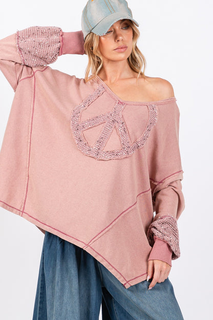 SAGE + FIG Mauve Oversized Peace Sign Mineral Wash Terry Top