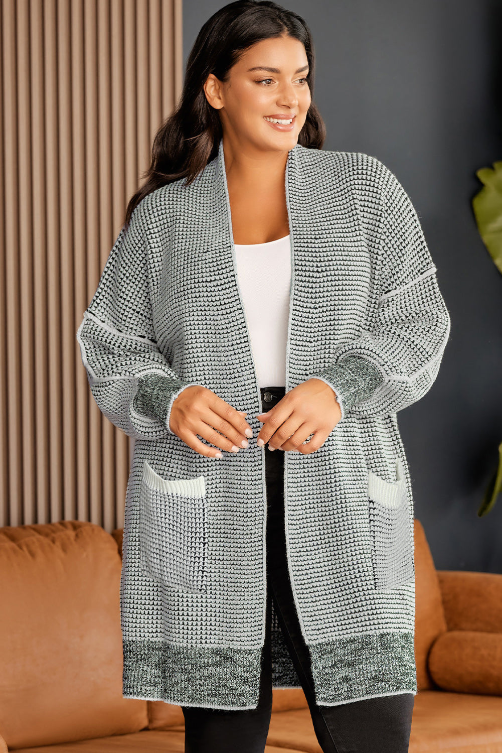 SYNZ Women's Plus Size Open Front Longline Winter Cardigan with Pockets