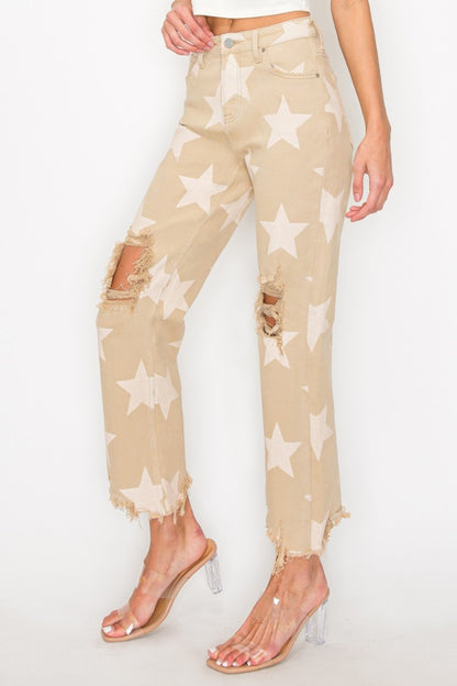 RISEN Full Size High Rise Star Printed Frayed Hem Jeans in Khaki