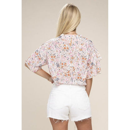 NUVI APPAREL Floral chiffon top with lace trim