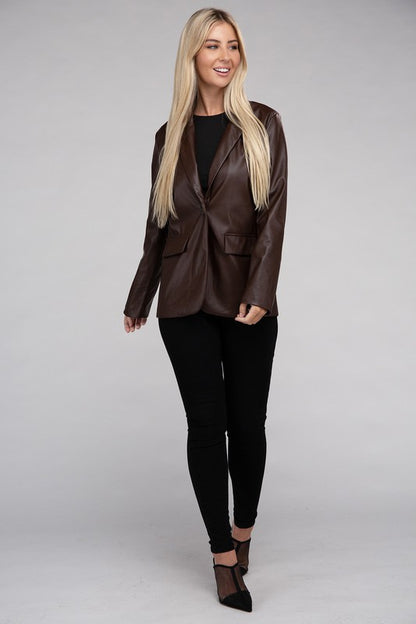 AMBIANCE APPAREL Sleek Pu Leather Blazer with Front Closure