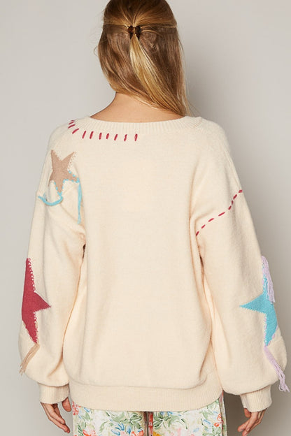 POL Pale Beige V-Neck Long Sleeve Star Fringe Sweater