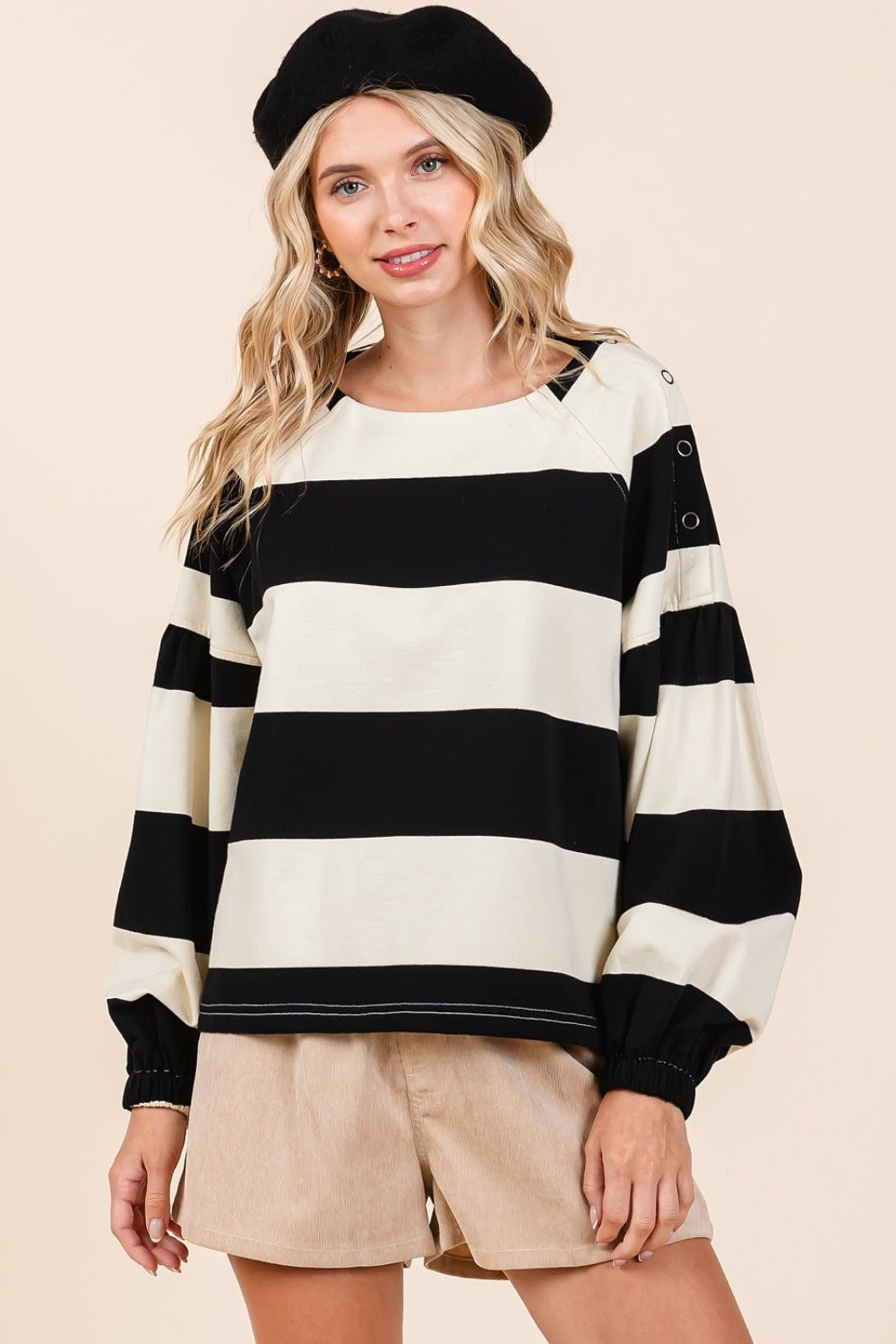 Mittoshop Black & Ivory Striped Snap Shoulder Sweater