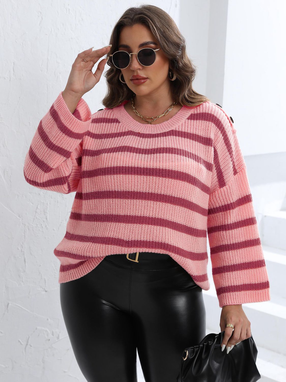 Plus Size Striped Dropped Shoulder Autunm Knitted Sweater