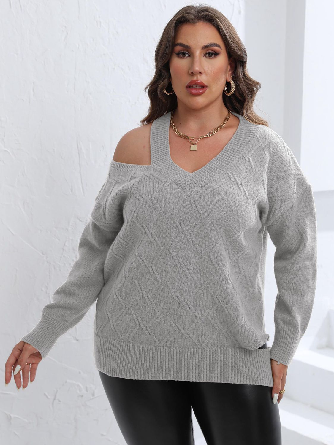 Plus Size Cutout V-Neck Knitted Sweater