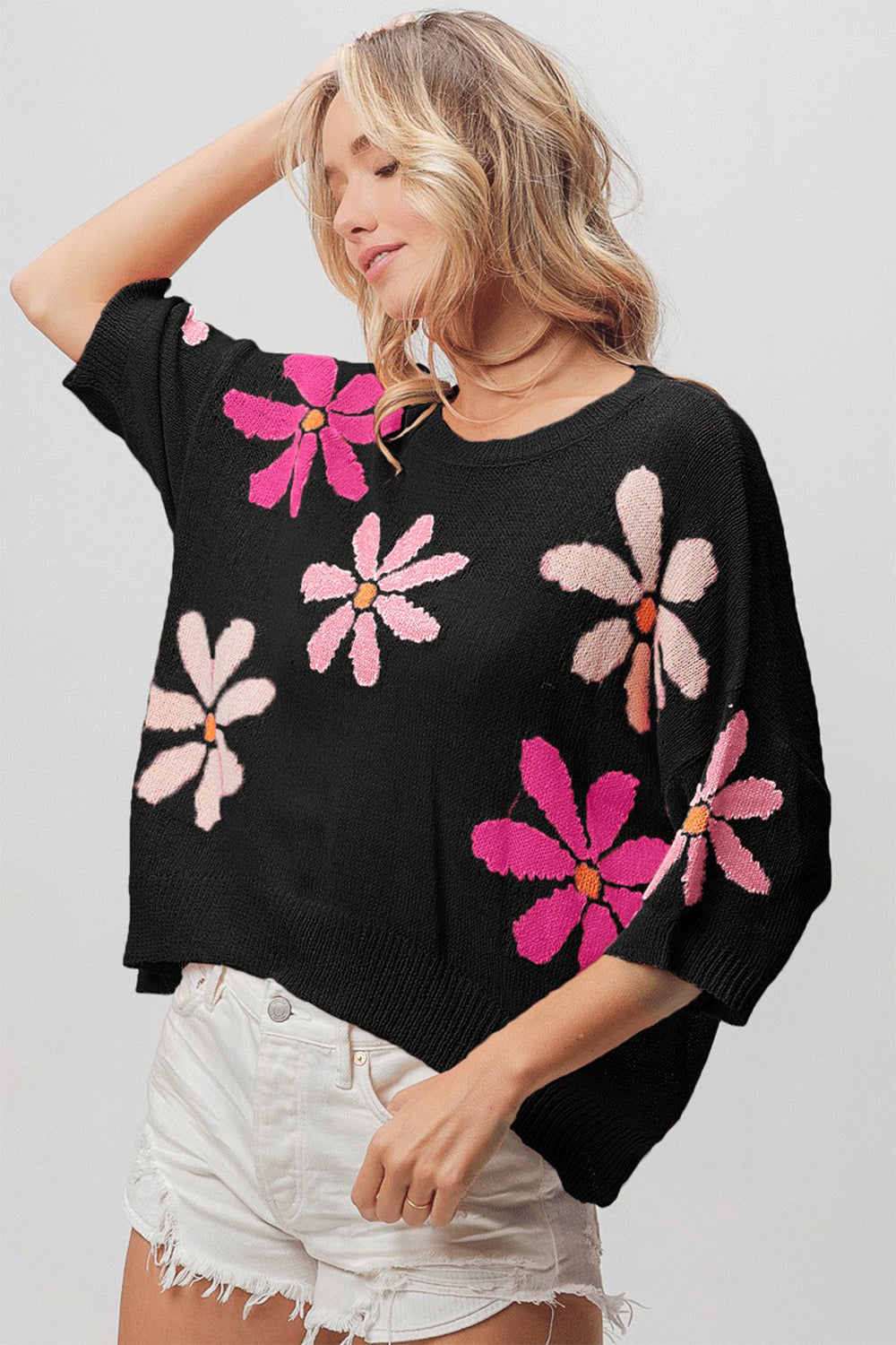 BiBi Black Floral Pattern Cropped Sweater