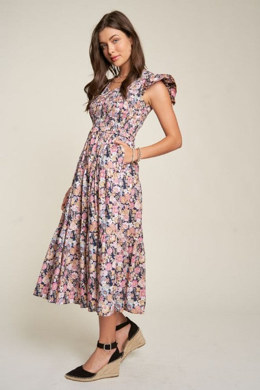 DAVI & DANI Vintage Garden Floral Flutter Smocking Midi Dress