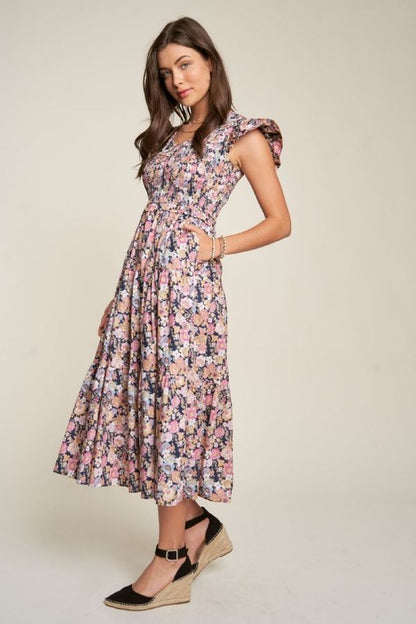 DAVI & DANI Vintage Garden Floral Flutter Smocking Midi Dress