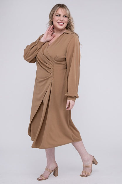 NUVI APPAREL Beige Plus-size Solid Twist Front Wrap Dress