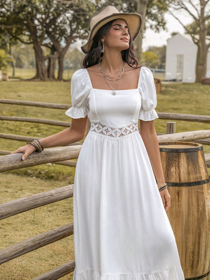 White Square Neck Flounce Sleeve Midi Dress