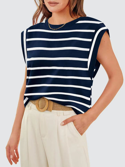 Striped Round Neck Cap Sleeve Sweater Top