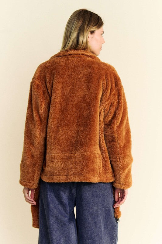 Davi & Dani Women's Brown Fuzzy Zip Up Collared Neck Jacket