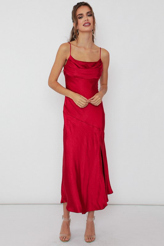 ONE & ONLY COLLECTIVE Wine Romantic Satin Side Slit Midi Dress with Split