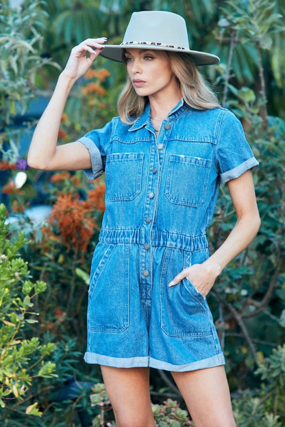 VEVERET Elastic Waistband Denim Romper