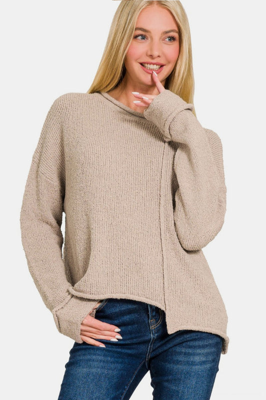 ZENANA Women's Asymmetric Hem Drop Shoulder Sweater in Ash Mocha