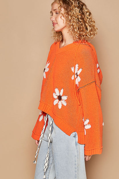 POL Orange Floral Pattern Hooded High-Low Sweater