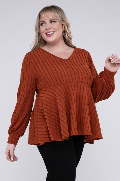 NUVI APPAREL Brown Plus-size Autumn V Neck Sweater with Ruffled Hem