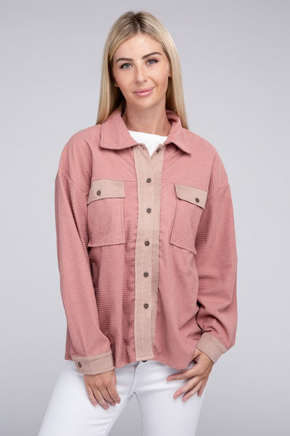 NUVI APPAREL Two-Tone Pink Flap Pocket Shacket