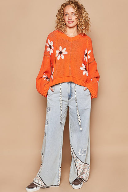 POL Orange Floral Pattern Hooded High-Low Sweater