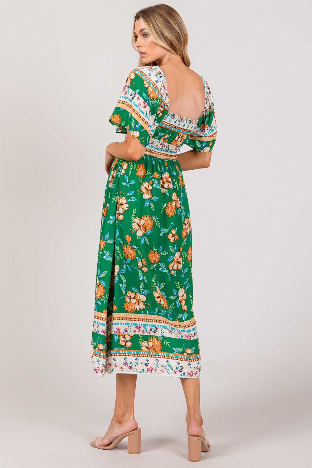 SAGE + FIG Boho Printed Smocked Short Sleeve Midi Dress