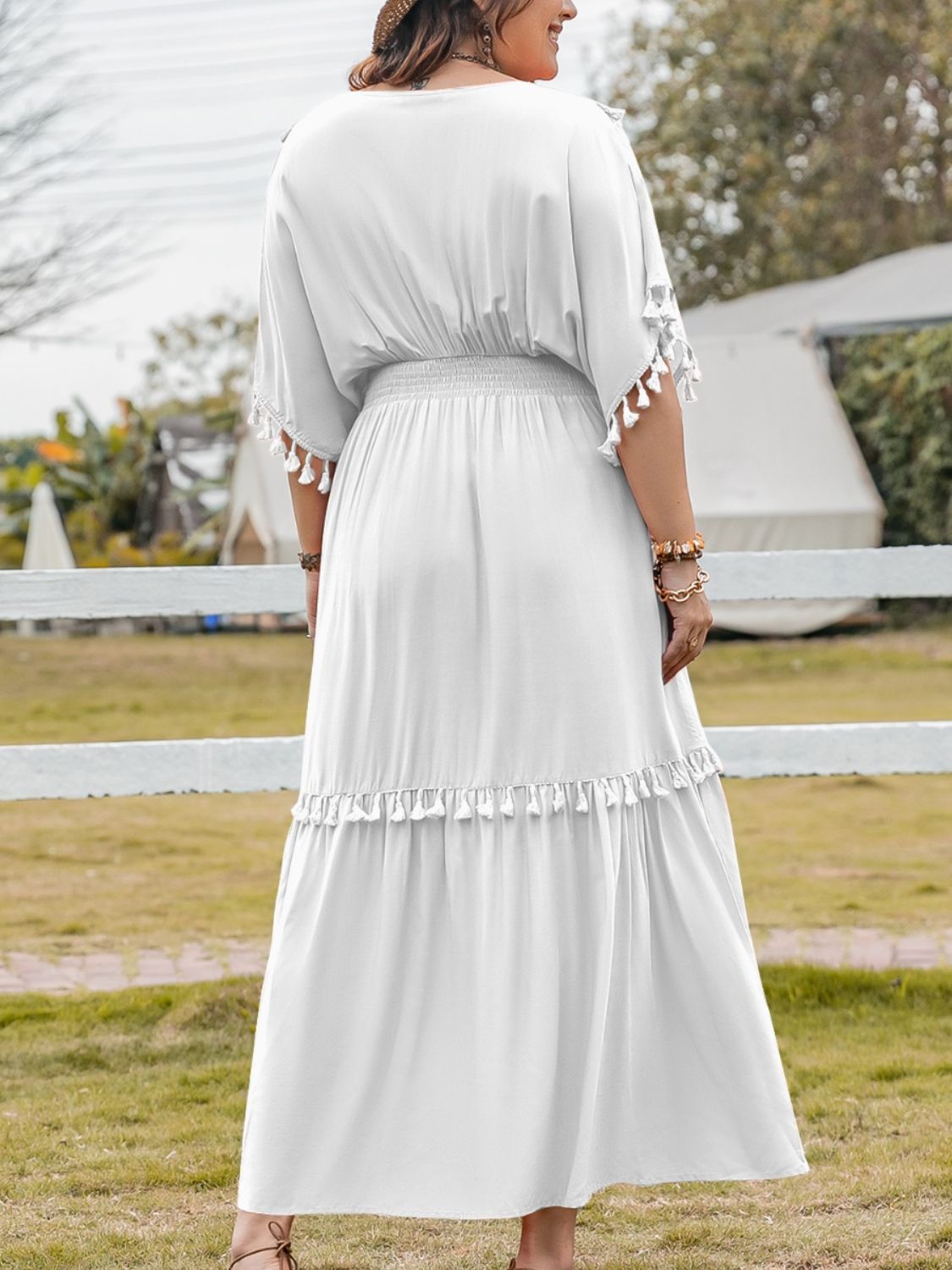 H.R.Z. Women's Plus Size White Maxi Boho Tassel Dress with Smocked V-Neck & Half Sleeve