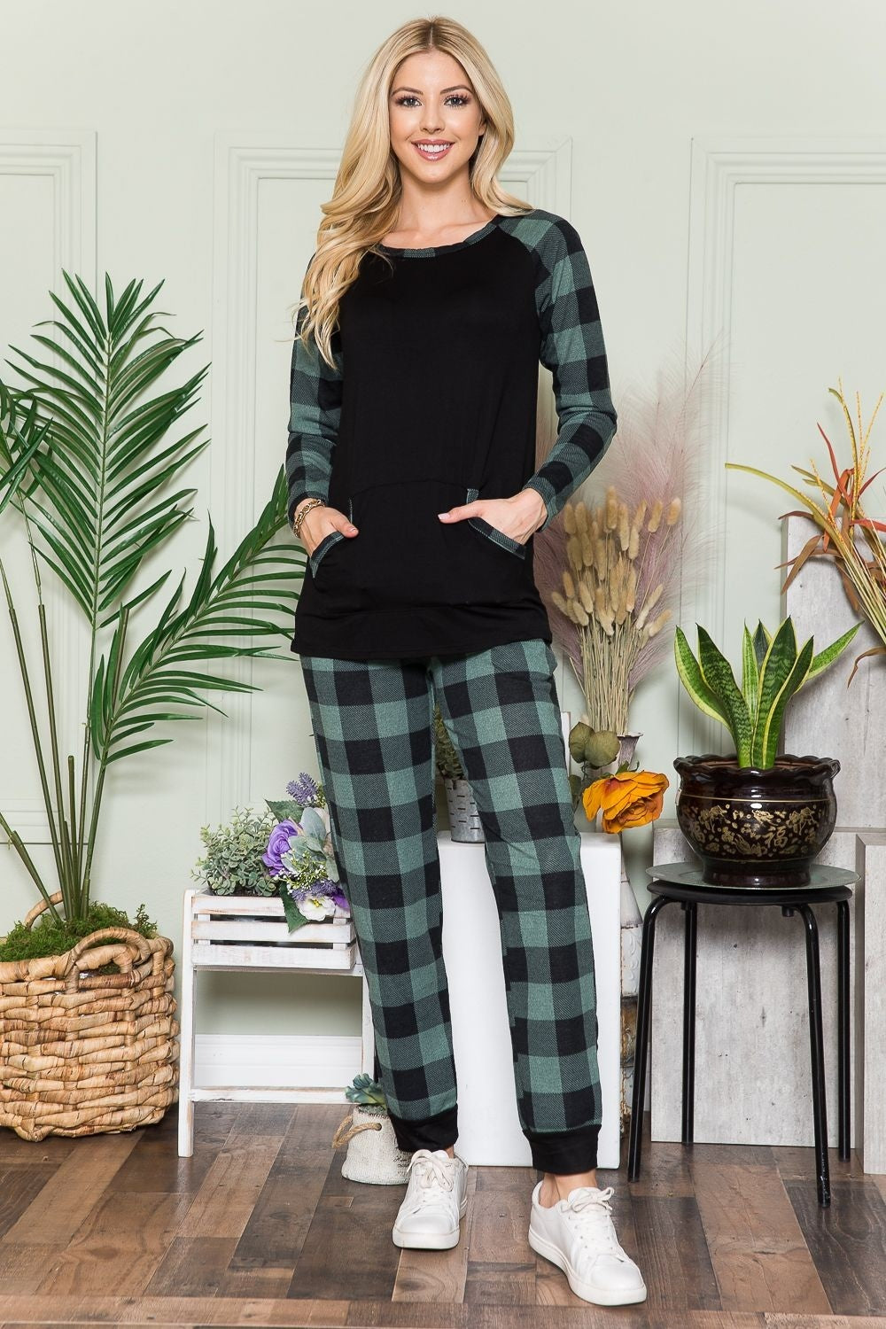 CELESTE Plaid Long Sleeve T-Shirt with Pockets